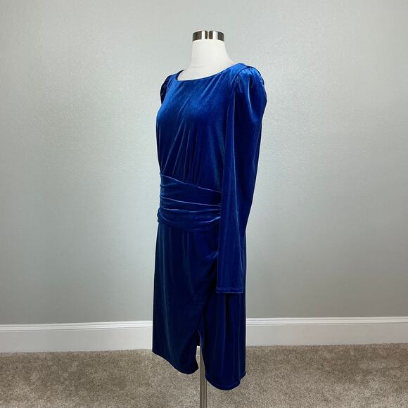 Velvet Long Sleeve Cocktail Dress Blue Size 10 Ralph Lauren Side Slit Sheath - Picture 4 of 14